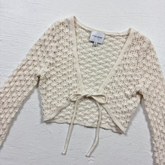 Pink Rose Cream White Crochet Tie Front Shrug Cardigan Sweater, Size XS - Picture 2 of 6